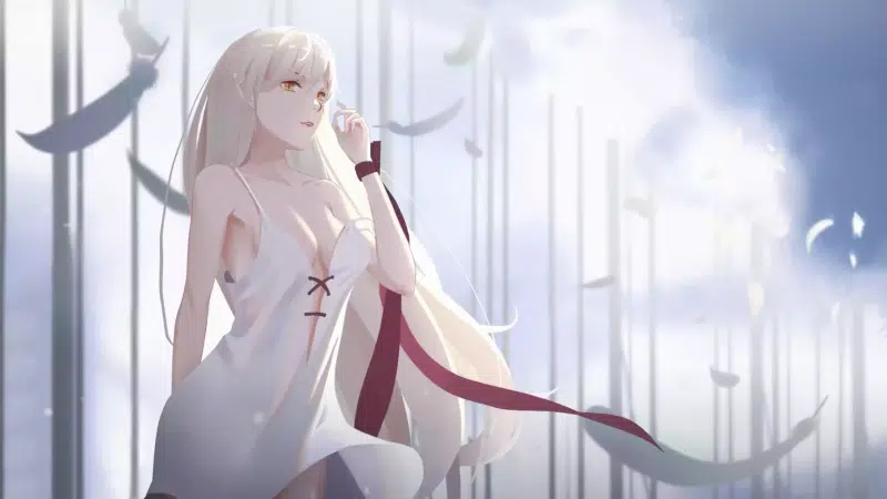 blonde, blond hair, shinobi, anime girls, stylus, red ribbon, shinobu osino, shinobu oshino, monogatari, white dress, white hair, a cycle of stories, anime, Live Wallpaper