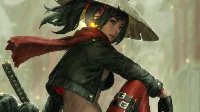 katana, long hair, brown eyes, anime girls, red scarf, anime, arts, dark hair, guweiz, rain Live Wallpaper