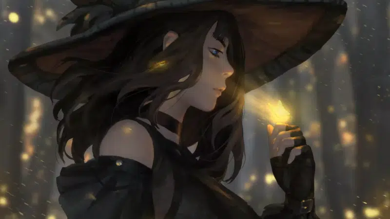 long hair, fantasy, blue eyes, butterfly, witch, anime girls, dark hair, anime, guweiz, forest, arts Live Wallpaper