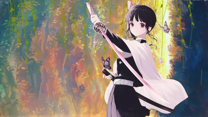 long hair, dark hair, kanao tsuyuri, anime girls, red eyes, demon slayer, butterflies, flower breath, anime Live Wallpaper