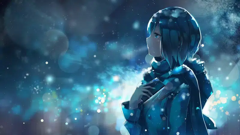 anime girls, blue eyes, tears, anime, sad music, smartphone, winter, headphones, long hair, blue hair, sadness, sadness, snow Live Wallpaper