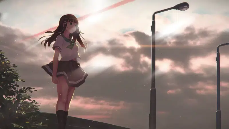 school uniform, dark hair, long hair, anime girls, green eyes, skirt, sky, anime Live Wallpaper