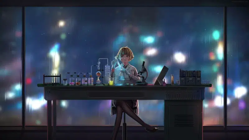 test tube, rain, anime girls, scientist, chemical table, chemist, anime, microscope, chemistry Live Wallpaper