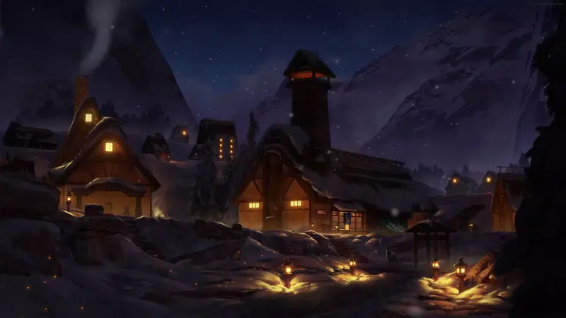 winter, snow, village, deer, arts, night Live Wallpaper