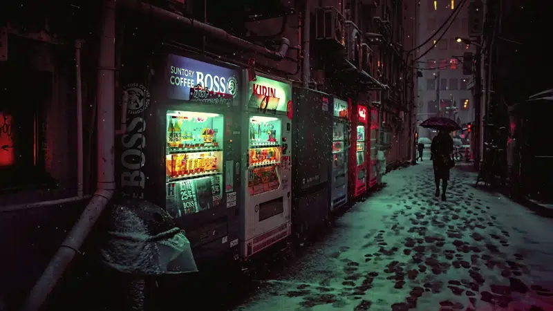 street, snow, the city at night, japan, winter evening, vending machine, winter, winter japan alley, cities Live Wallpaper