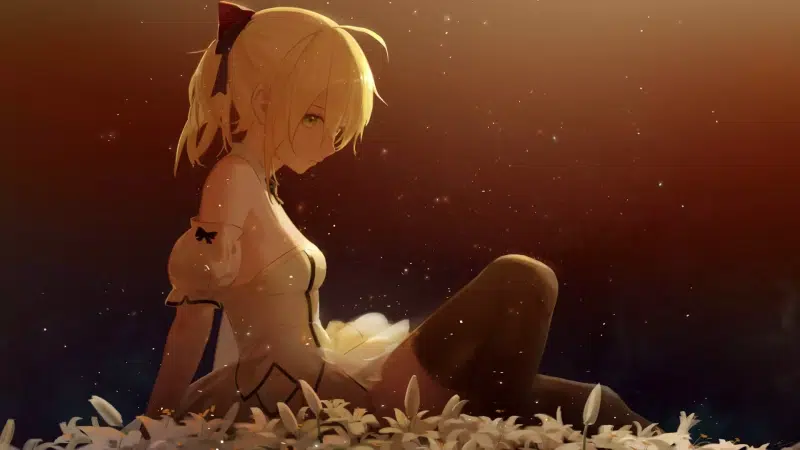 fate, arts, flowers, blonde, long hair, saber, green eyes, fate-grand order, glade of flowers, stockings, anime girls, saber lily, anime, blond hair, games, Live Wallpaper