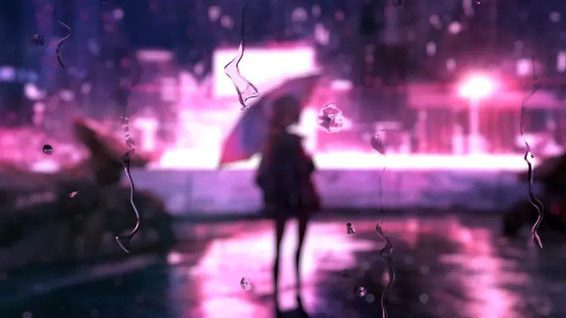 anime girls, the city at night, rain, anime, umbrella, cities, cyberpunk, night, robots, arts, the girl under the umbrella Live Wallpaper