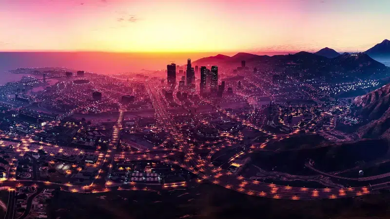the city at night, gta 5, cities, los santos, games, sunset Live Wallpaper