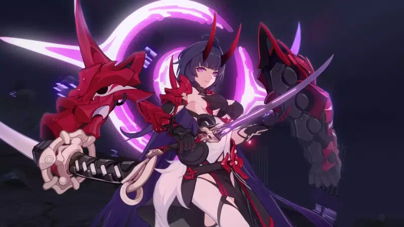 raiden mei, anime girls, anime, games, arts, dark hair, katana, herrscher of thunder, big breasts, purple eyes, long hair, sword, horns, honkai impact Live Wallpaper