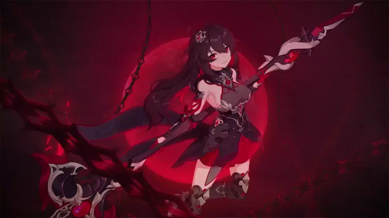 cute girl, chains, starchasm nyx, anime girls, honkai impact, big breasts, games, blood moon, long hair, red moon, seele vollerei, scythe, anime, red eyes, Live Wallpaper