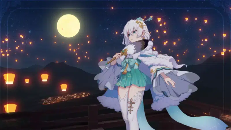 skirt, anime, blue eyes, blond hair, stars, stockings, theresa apocalypse, starlit astrologos, paper lanterns, arts, anime girls, moon, honkai impact, games, Live Wallpaper
