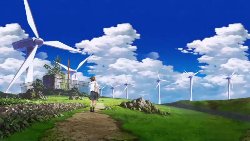 wind generator, the clouds, arts, anime girls, anime, skirt, sky Live Wallpaper