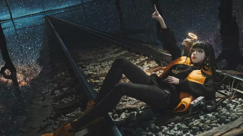 anime girls, stones, galaxy, glasses, arts, reflection of the galaxy, halo, camera, point to the stars, railway, rails, cat, photo camera, starry sky, anime, Live Wallpaper