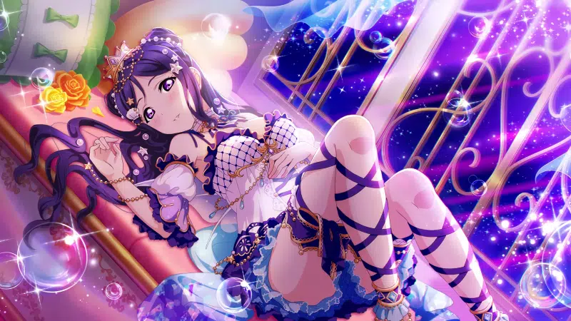 sofa, kanan matsuura, tape, long hair, bubbles, kanan matsuura, purple eyes, decoration, crown, does your heart shine brightly?, flower, anime, purple hair, Live Wallpaper
