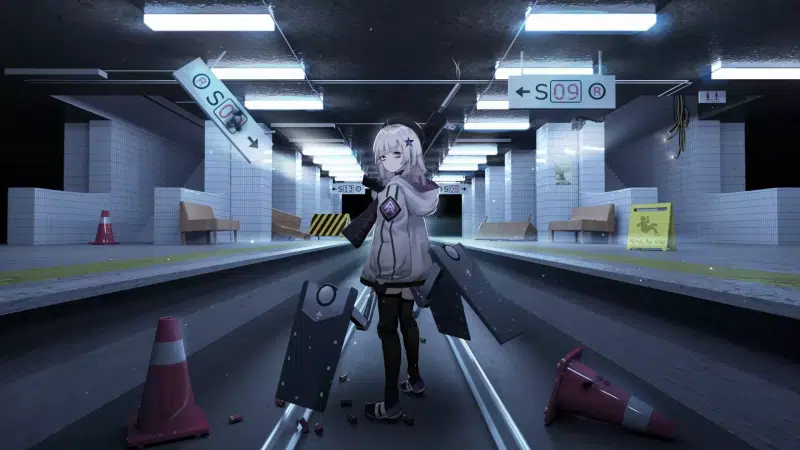 games, station, girls  frontline, long hair, girls on the front line, weapon, anime, blue eyes, anime girls, aa-12, traffic cone, bench, blond hair Live Wallpaper
