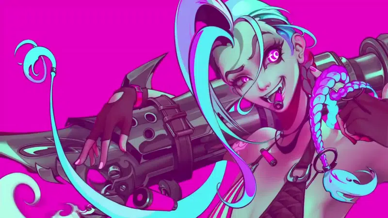 long hair, league of legends, jinx, crazy hooligan, anime girls, weapon, cartridge, lol, blue hair, anime, games, the loose cannon, fangs Live Wallpaper
