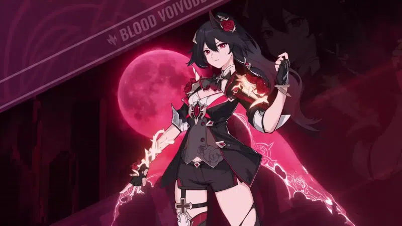 arts, flower, black hair, honkai impact, red moon, red eyes, blood voivode, fu hua, blood moon, long hair, anime girls, anime, games, shadow knight Live Wallpaper