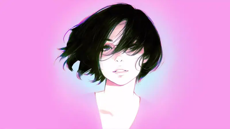 purple eyes, arts, pink background, anime, short hair, anime girls, hair fluttering in the wind, black hair Live Wallpaper
