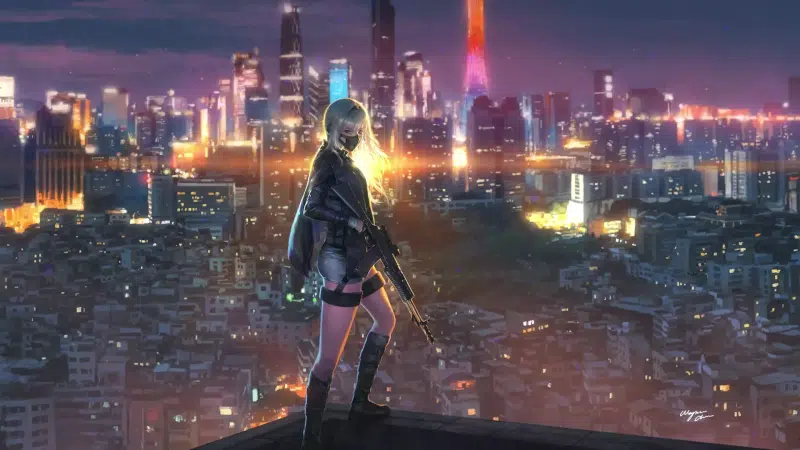 anime, blond hair, cities, landscapes - nature, anime girls, long hair, the city at night, arts, weapon, mask Live Wallpaper