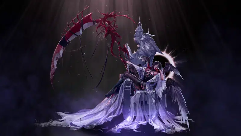 anime, arts, angel, blood, female priest, scythe, throne, mistress, wings, games, dungeon fighter, anime girls, stockings Live Wallpaper