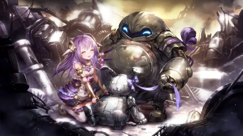 fleeting joy, anime girls, purple hair, robots, aenea, loli, fantasy, anime, long hair, games, shadowverse, roly-poly mk i, amethyst rebel Live Wallpaper