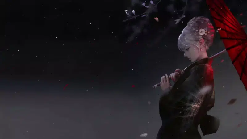 anime girls, umbrella, arts, blond hair, white hair, anime, long hair, flower Live Wallpaper