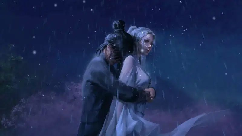 arts, long hair, white hair, evening, a hug, black hair, rain, dont leave me Live Wallpaper