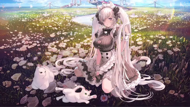 ears, maids uniform, anime, cat, maid, anime girls, purple eyes, fantasy, flowers, long hair, blond hair, white hair, big breasts Live Wallpaper