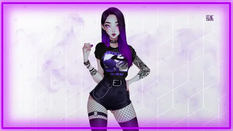 stockings, tights, tattoo, long hair, rene carano, anime, rachel roth, raven, arts, raven, purple hair, purple eyes, anime girls, rachel roth Live Wallpaper