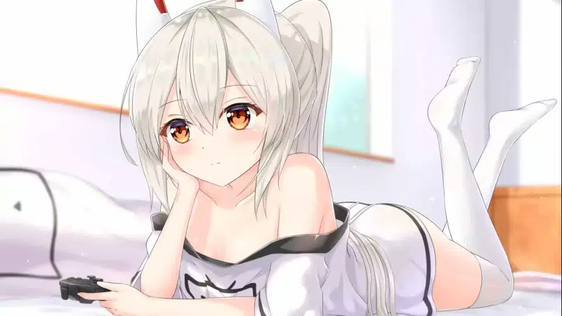 orange eyes, stockings, anime, ayanami, anime girls, horns, ayanami, the azure way, azur lane, long hair, blond hair, joystick, games Live Wallpaper