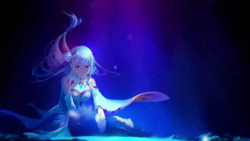 anime, blond hair, emilia, silver hair, anime girls, long hair, arts, purple eyes, elf, re:zero, subaru natsuki Live Wallpaper