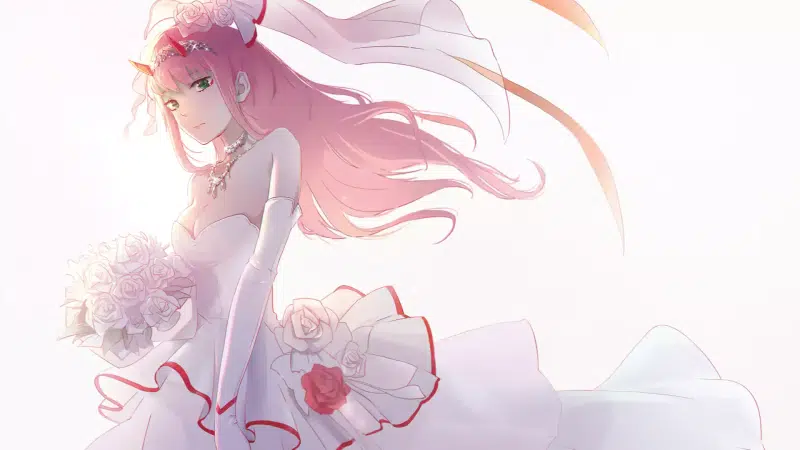 anime girls, darling in the franxx, 002, flowers, zero tu, long hair, zero two, arts, horns, wedding dress, anime Live Wallpaper