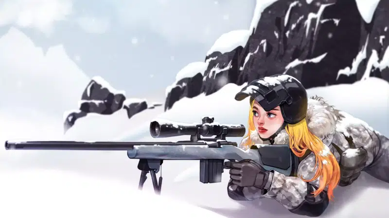 long hair, games, pubg, anime, helmet, winter, blue eyes, anime girls, sniper rifle, yellow hair, playerunknown s battlegrounds, pubg, arts, sniper, snow Live Wallpaper