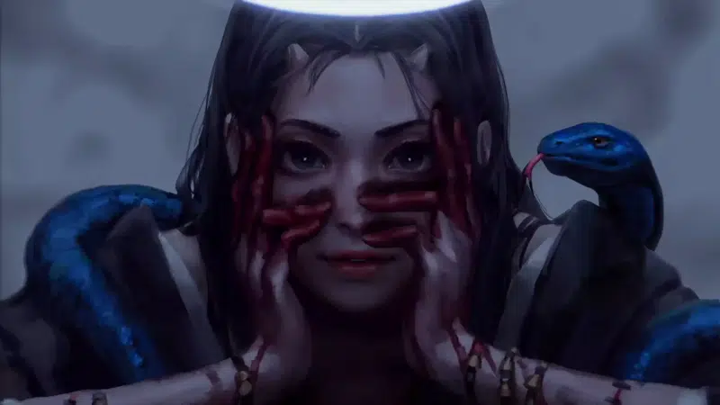 blood, anime girls, long hair, snake, black hair, anime, arts, horns Live Wallpaper