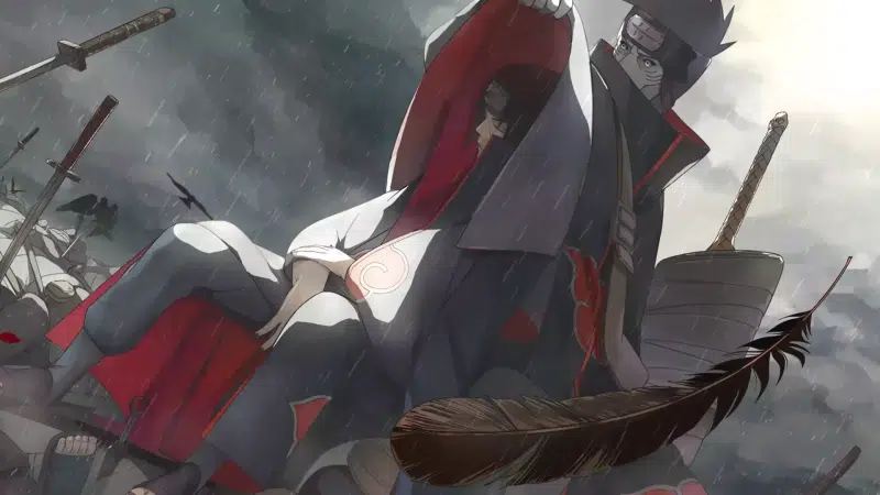 sword, battlefield, kisame hoshigaki, rain, arts, raven, akatsuki, itachi uchiha, stylus, naruto, evening, anime, shinobi Live Wallpaper