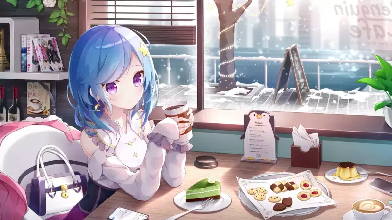 long hair, sweets, anime, purple eyes, snow, cake, anime girls, blue hair, coffee Live Wallpaper