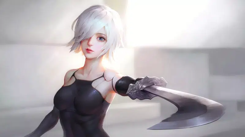 sword, nier:automata, nier:automatic, games, anime girls, robots, anime, android, silver hair, blond hair, short hair, a2, yorha, arts Live Wallpaper