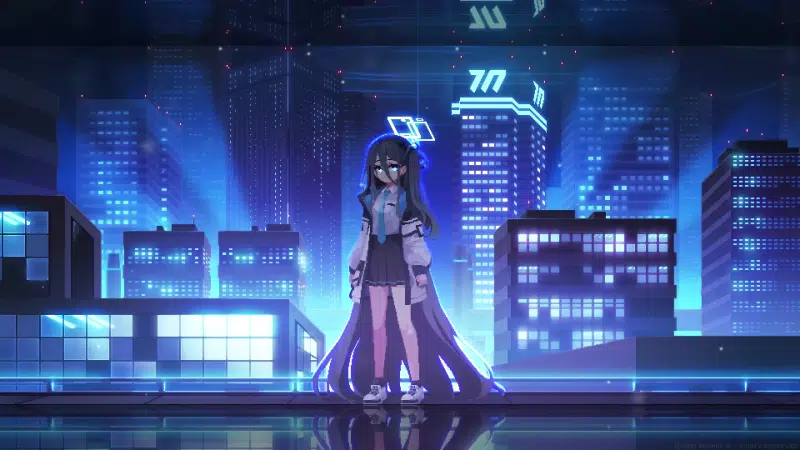 anime, skirt, alice, blue archive, future, pixel art, the city at night, cities, arts, anime girls, long hair, night city, games, roof, neon, school uniform Live Wallpaper
