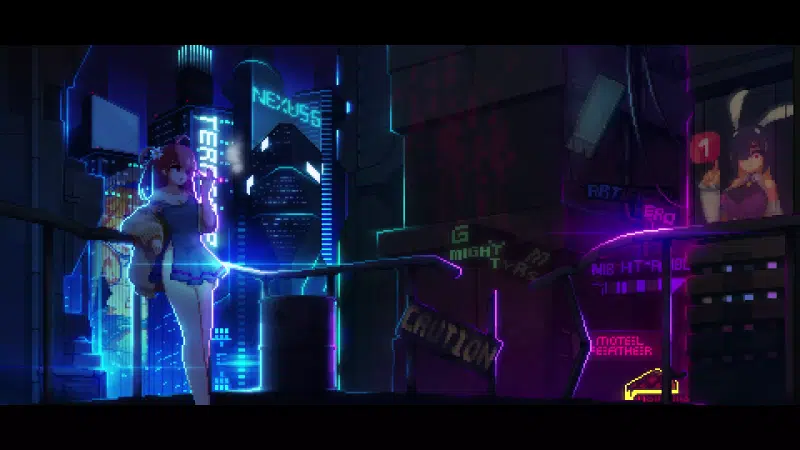 cyberpunk, anime, night city, cities, neon, pixel art, the city at night, arts, ears, roof, anime girls Live Wallpaper