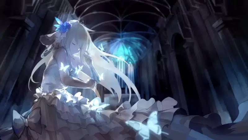 blond hair, butterflies, long hair, white dress, anime girls, anime, flower, arts Live Wallpaper