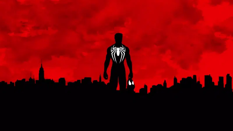 arts, spider-man, red sky, spiderman silhouette, the city at night Live Wallpaper