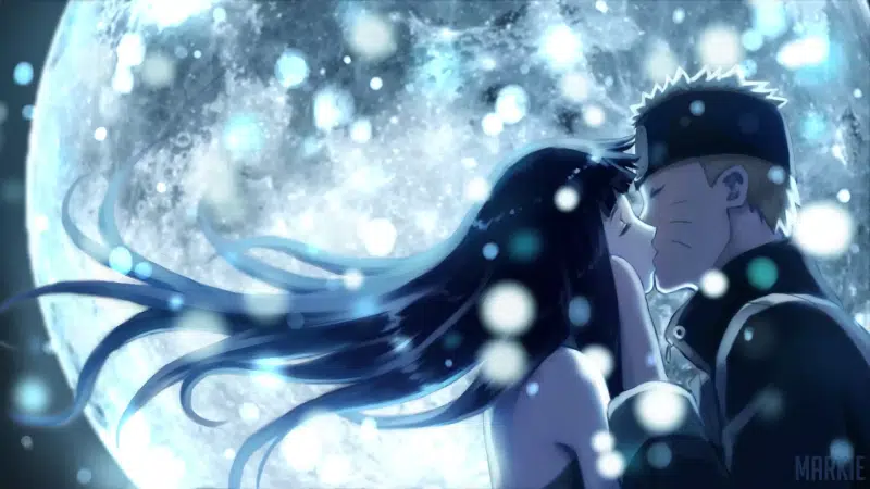 moon, hinata hyuga, naruto uzumaki, naruto, night, anime, a kiss Live Wallpaper