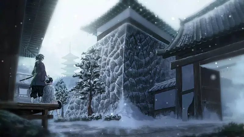 demon slayer, pagoda, shinobu kochou, anime, winter, giyuu tomioka, giu tomioka Live Wallpaper