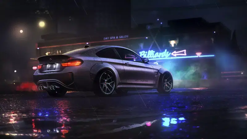 auto - moto, bmw m4, rain, bmw, street, puddle, night, neon Live Wallpaper