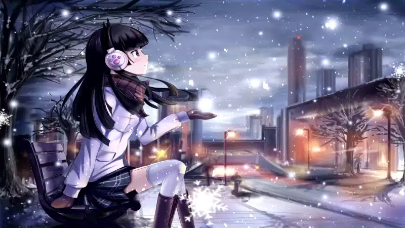 anime girls, snow, evening, winter, anime, winter evening Live Wallpaper