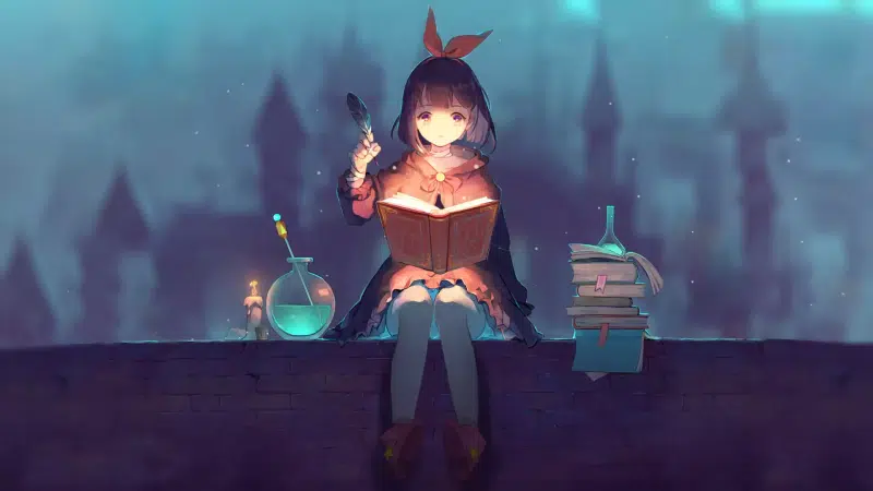 books, fantasy, evening, anime, stylus, candles, anime girls, potion Live Wallpaper