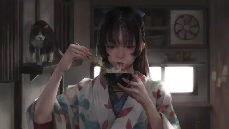 cramped room, taejune kim, anime girls, arts, ramen, cat, anime Live Wallpaper