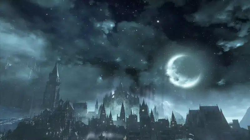 moon, dark souls, a castle under the moon, sky, games, castle, night, irithyll of the boreal valley Live Wallpaper