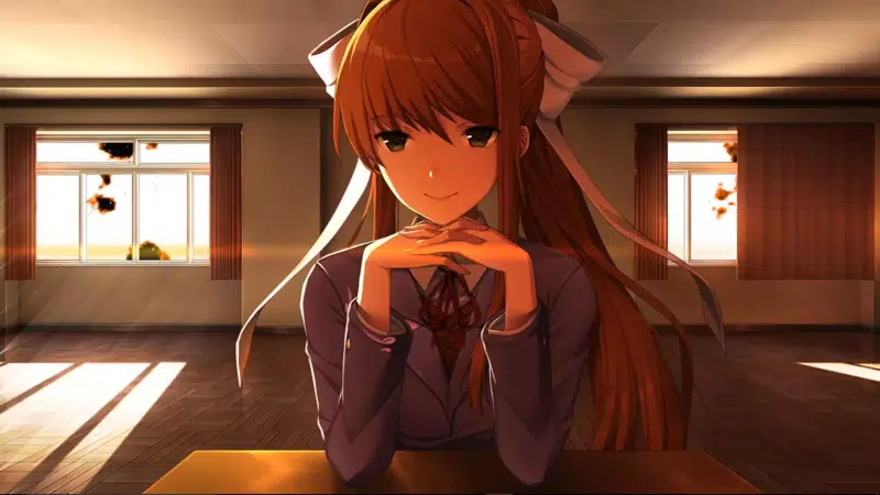 long hair, school uniform, brown hair, green eyes, games, monica, school, anime girls, anime, doki doki literature club Live Wallpaper