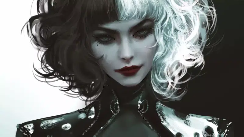 one hundred and one dalmatians, emma stone, arts, movies, 101 dalmatians, cruella de vil, stervella de vil, black and white, girls Live Wallpaper